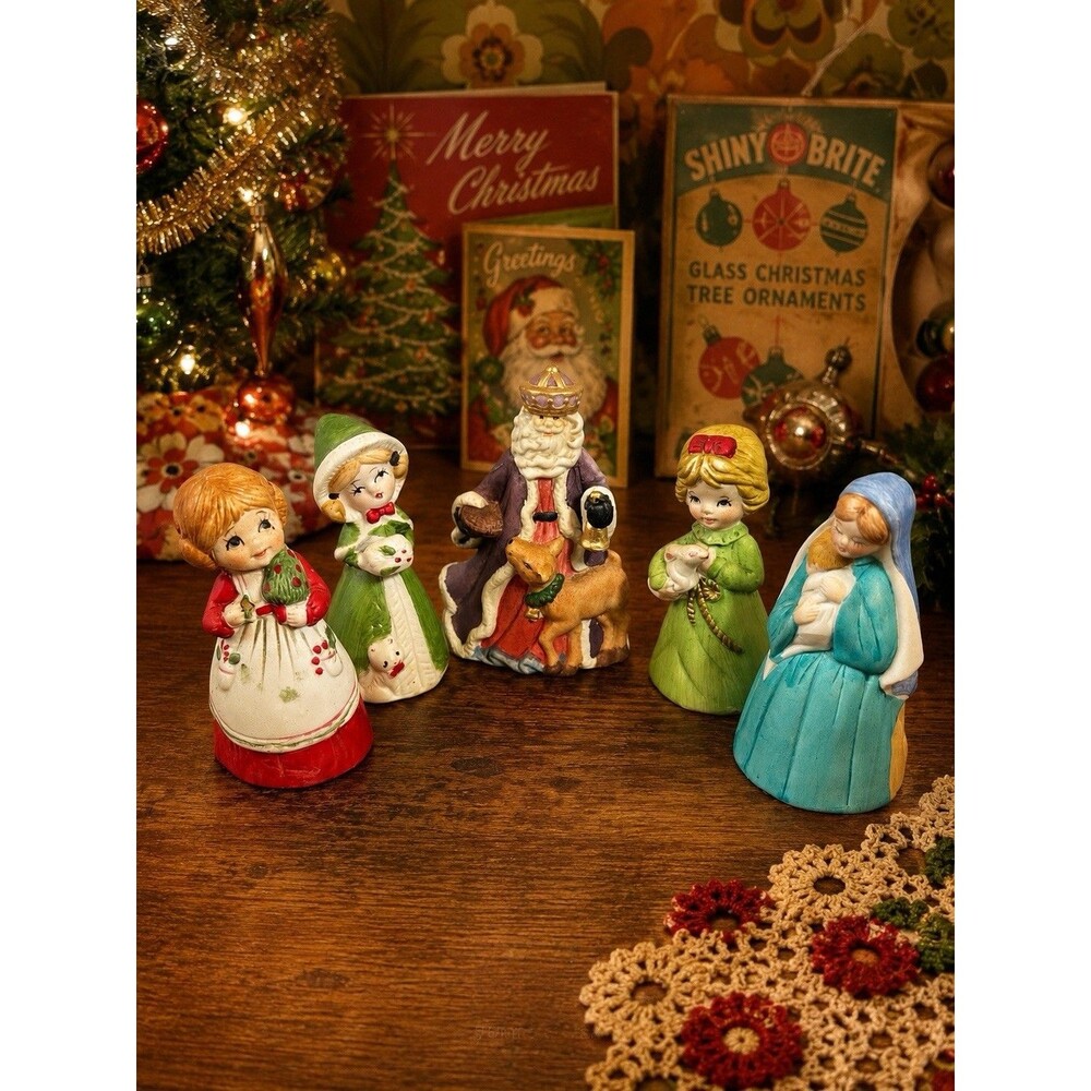 Vintage Christmas Ceramic Bell Lot Jasco Nativity Caroler Figurines Set of 5 - Picture 1 of 15